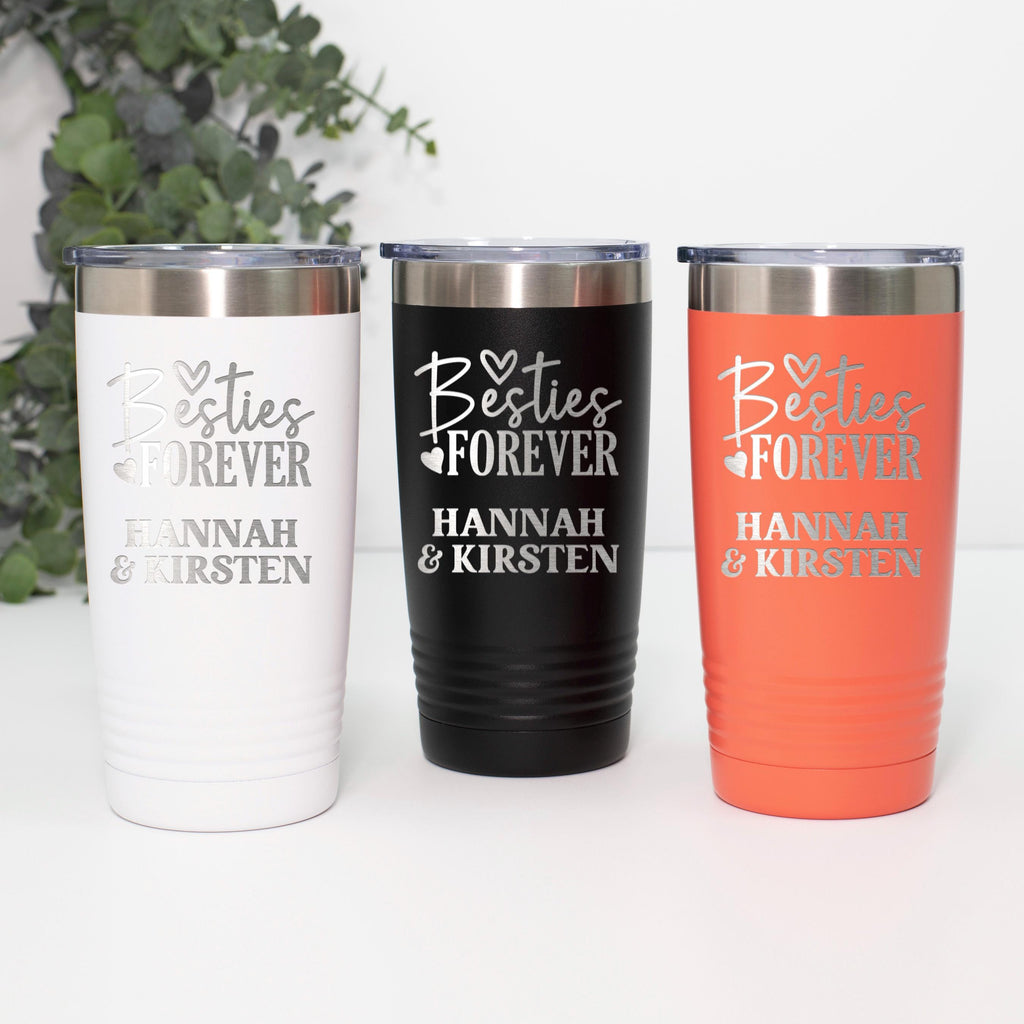 Set of three insulated tumblers in white, black, and orange with “Besties Forever” text
