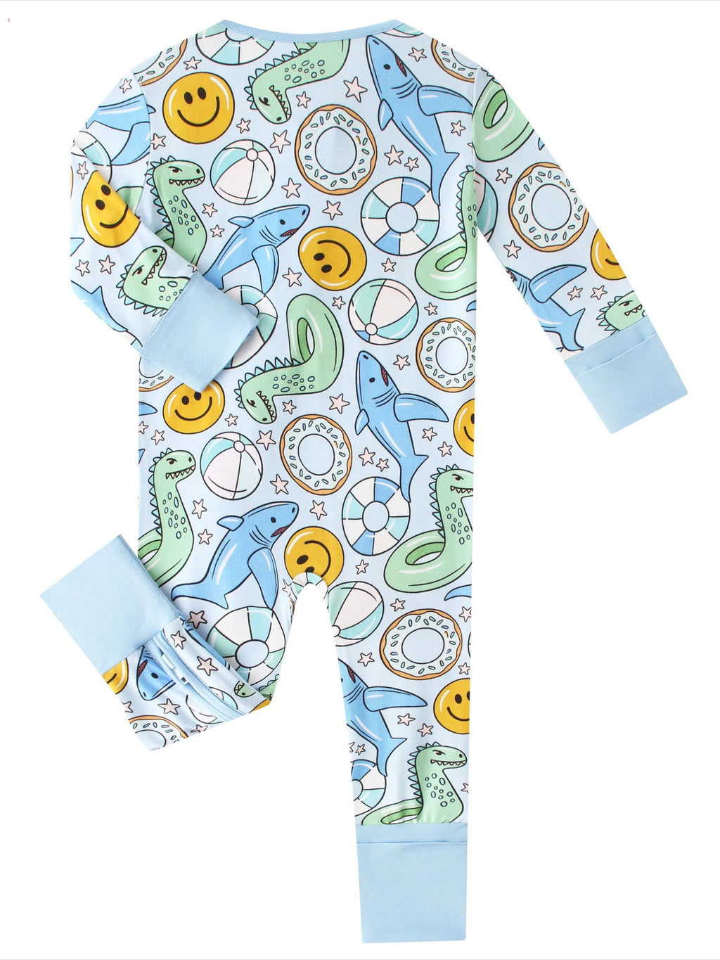 Baby zip romper in light blue with all-over space print, long sleeves and cuffs