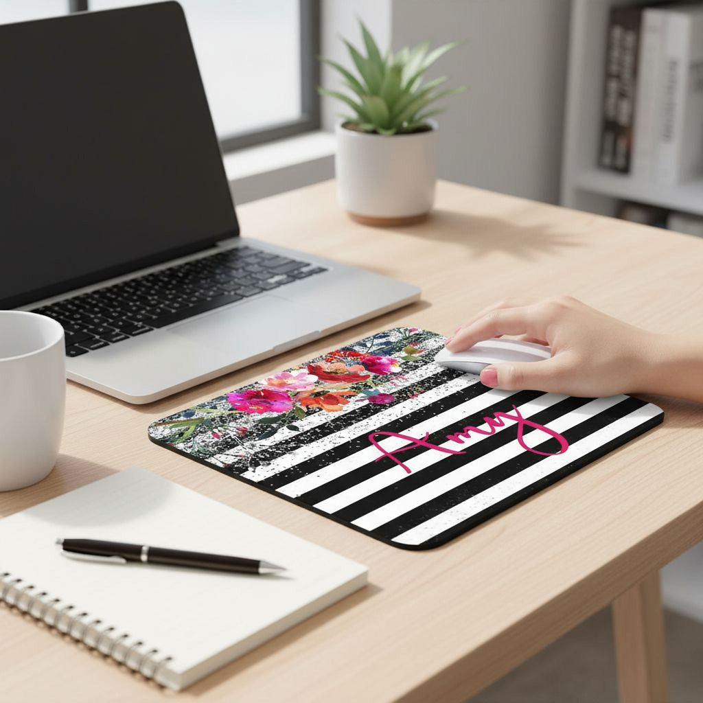 Floral striped mouse pad on desk with pink “Amy” script and black-and-white stripes