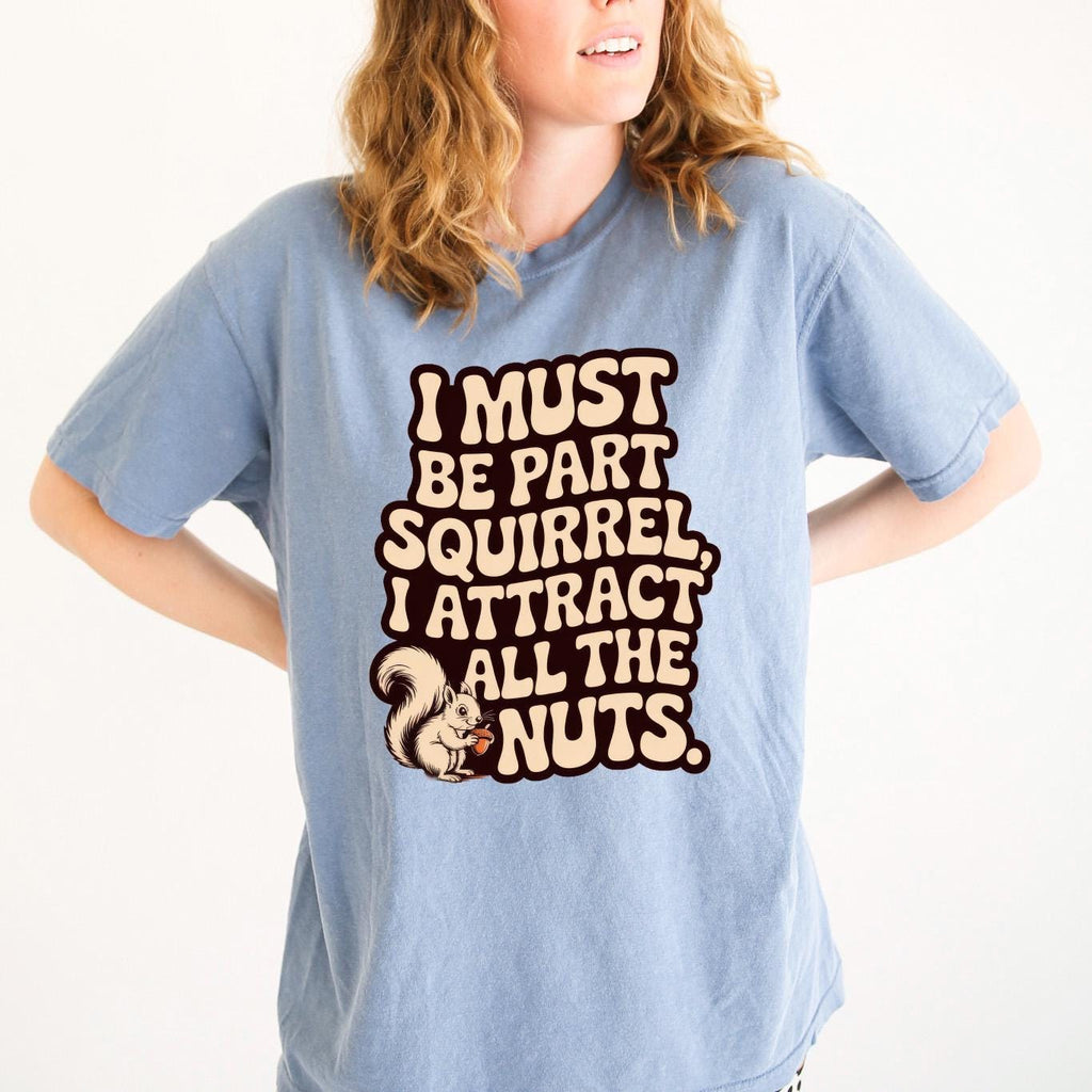 Light blue relaxed-fit T-shirt with squirrel quote graphic on the front