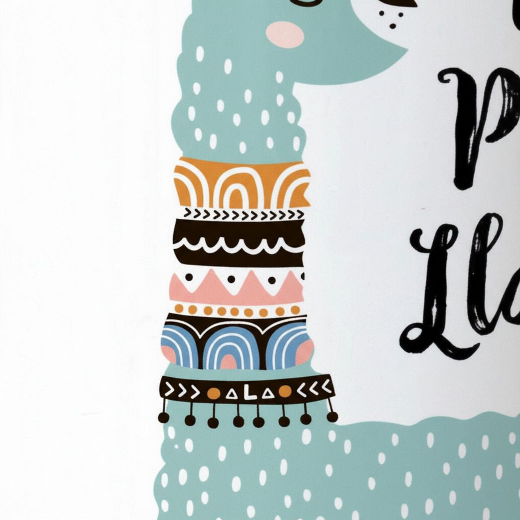 Close-up of teal llama illustration on white ceramic mug with “No Prob Llama”