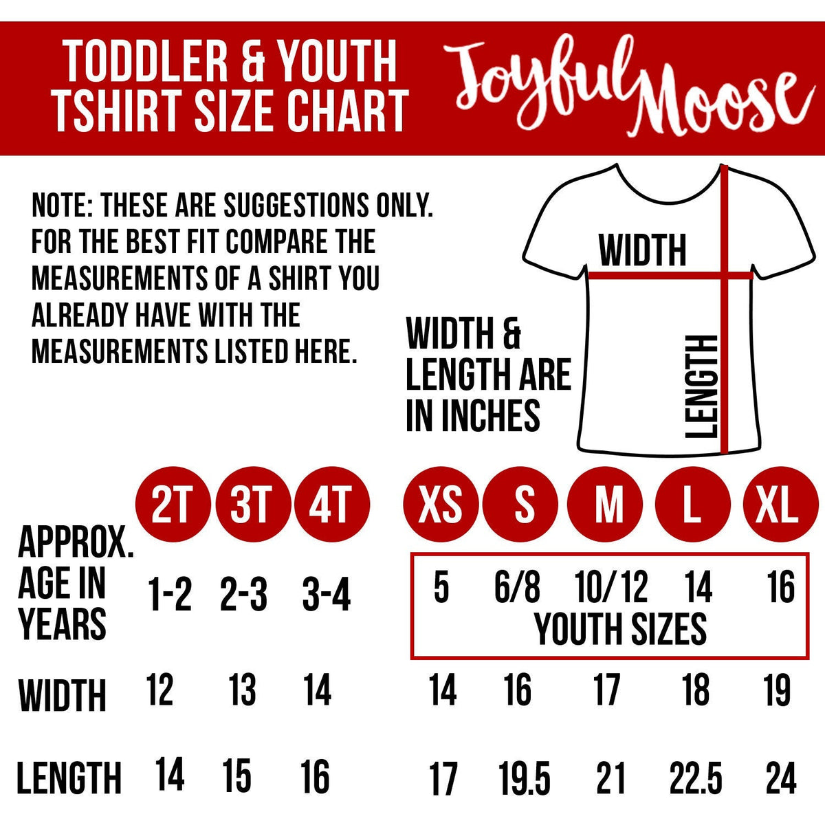 Toddler and youth T-shirt size chart with age ranges and width/length inches