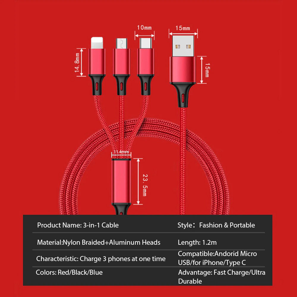 3 In 1 Charging Cable - Fast Charge, Durable 1.2M Length for iPhone, Android, Type-C Devices