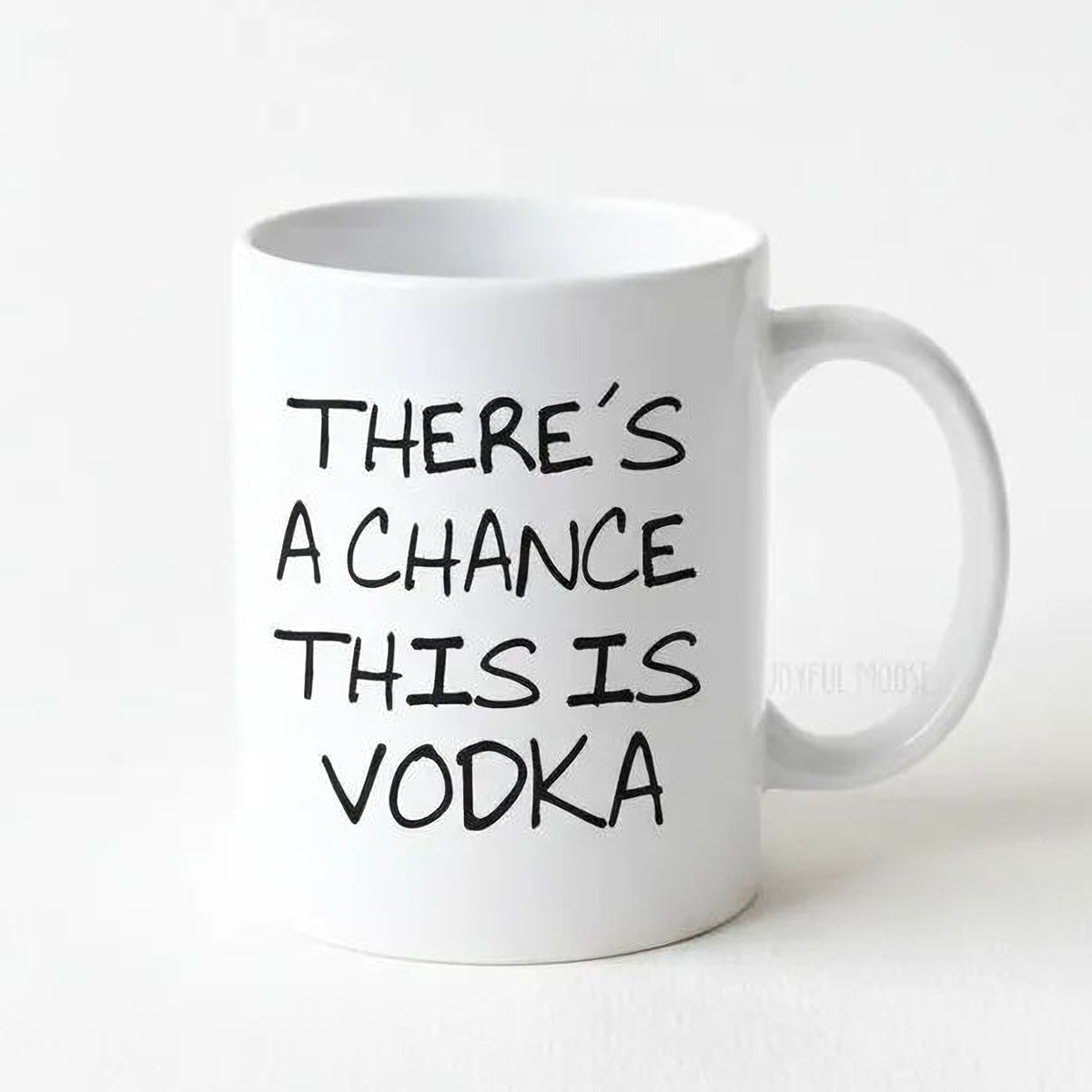 White ceramic coffee mug with 'THERE'S A CHANCE THIS IS VODKA' text