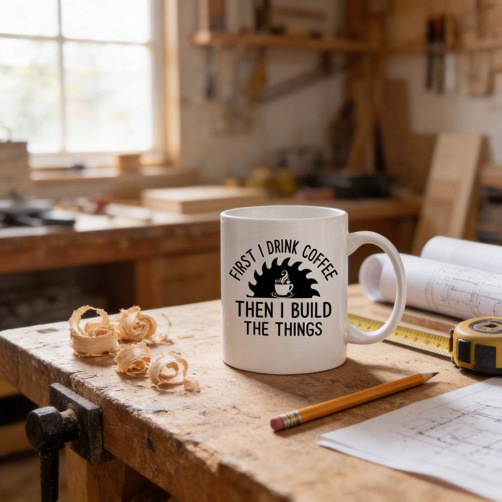 White ceramic coffee mug on workbench with black “First I drink coffee, then I build” graphic