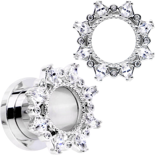 Stainless steel tunnel plug set with clear gemstone flower frame, round screw-fit end