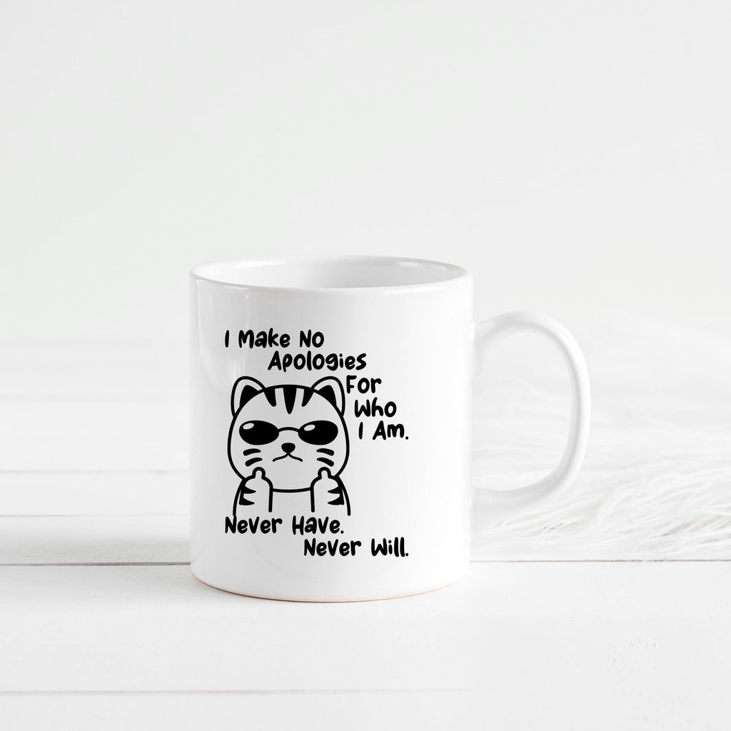 White ceramic coffee mug featuring a black cat illustration and the quote “Never Have. Never Will.”
