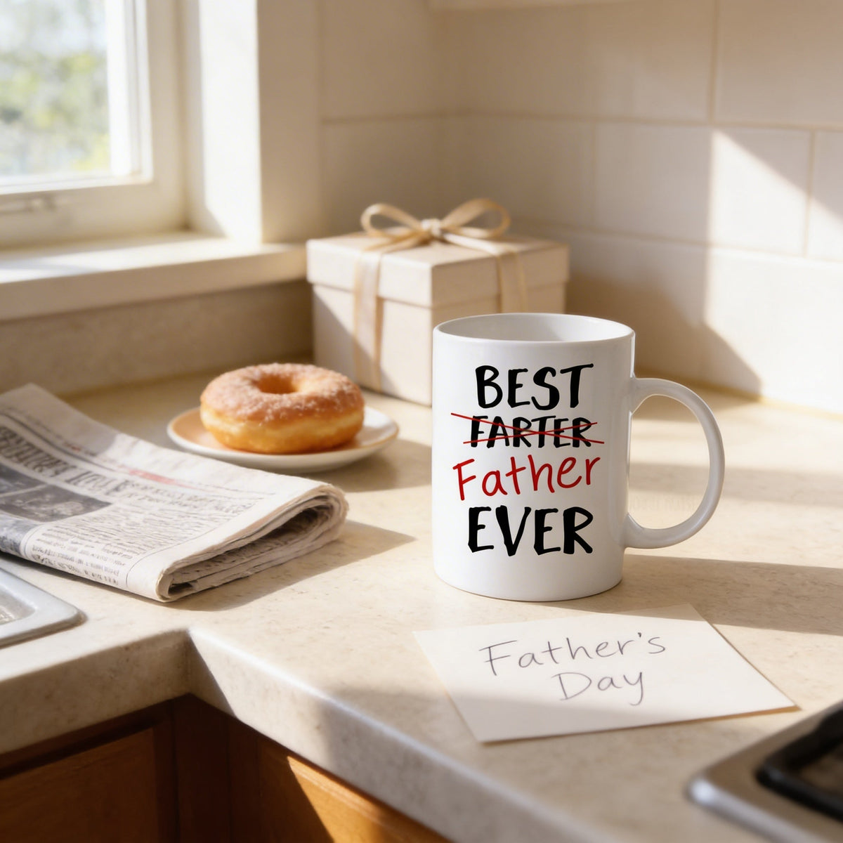White coffee mug with "BEST FARTER" "Father" "EVER" text