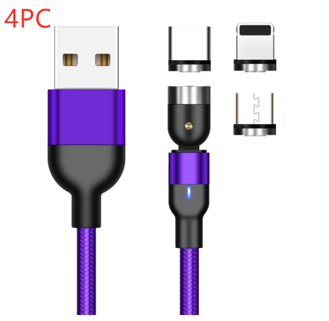 Purple magnetic charging cable kit with USB-A connector and blue LED, multiple adapter tips