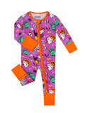 Baby zip-up romper in purple with orange cuffs and colorful cartoon character print