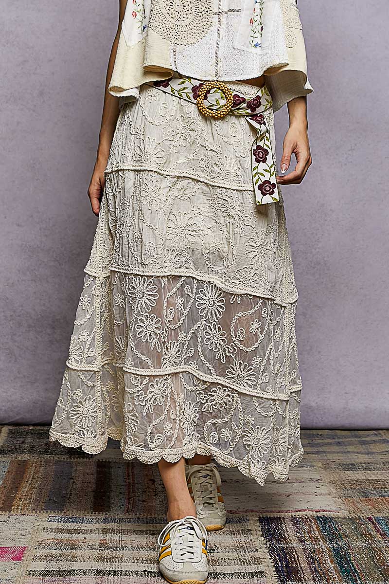 Floral Embroidered Maxi Skirt with Tiered Crochet Design