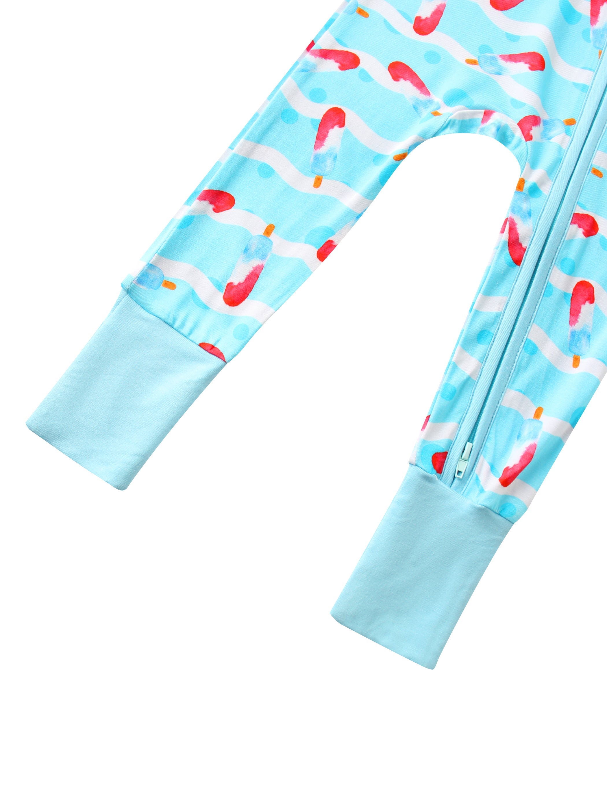 PoshTOT bamboo baby romper legs with light blue cuffs and red ice cream print