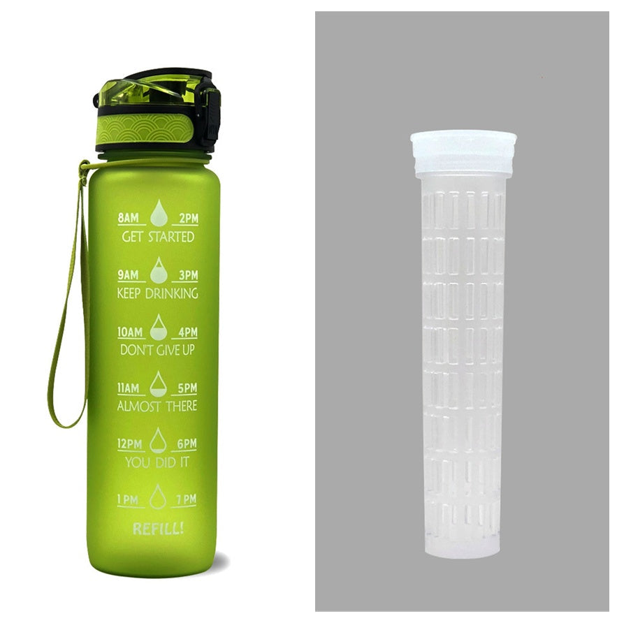 1L time-marker water bottle in green with motivational schedule and carry strap, black cap