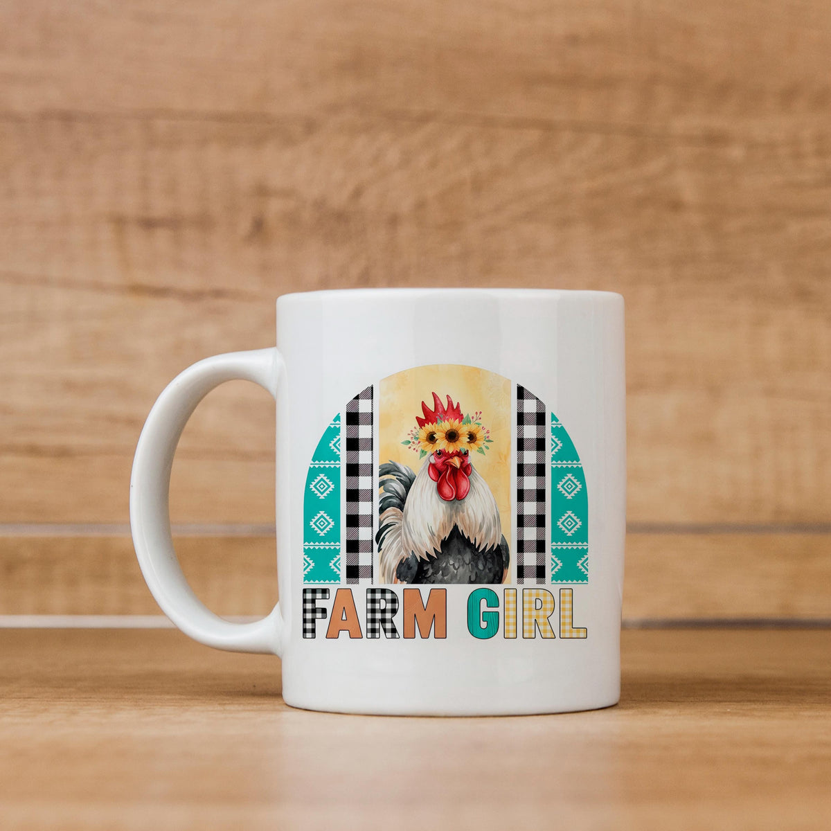 White ceramic mug with rooster and sunflower crown art and Farm Girl lettering