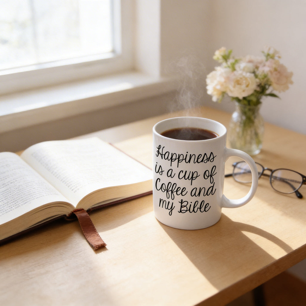 White ceramic coffee mug on table with black script: 'Happiness is a cup of coffee and my Bible'