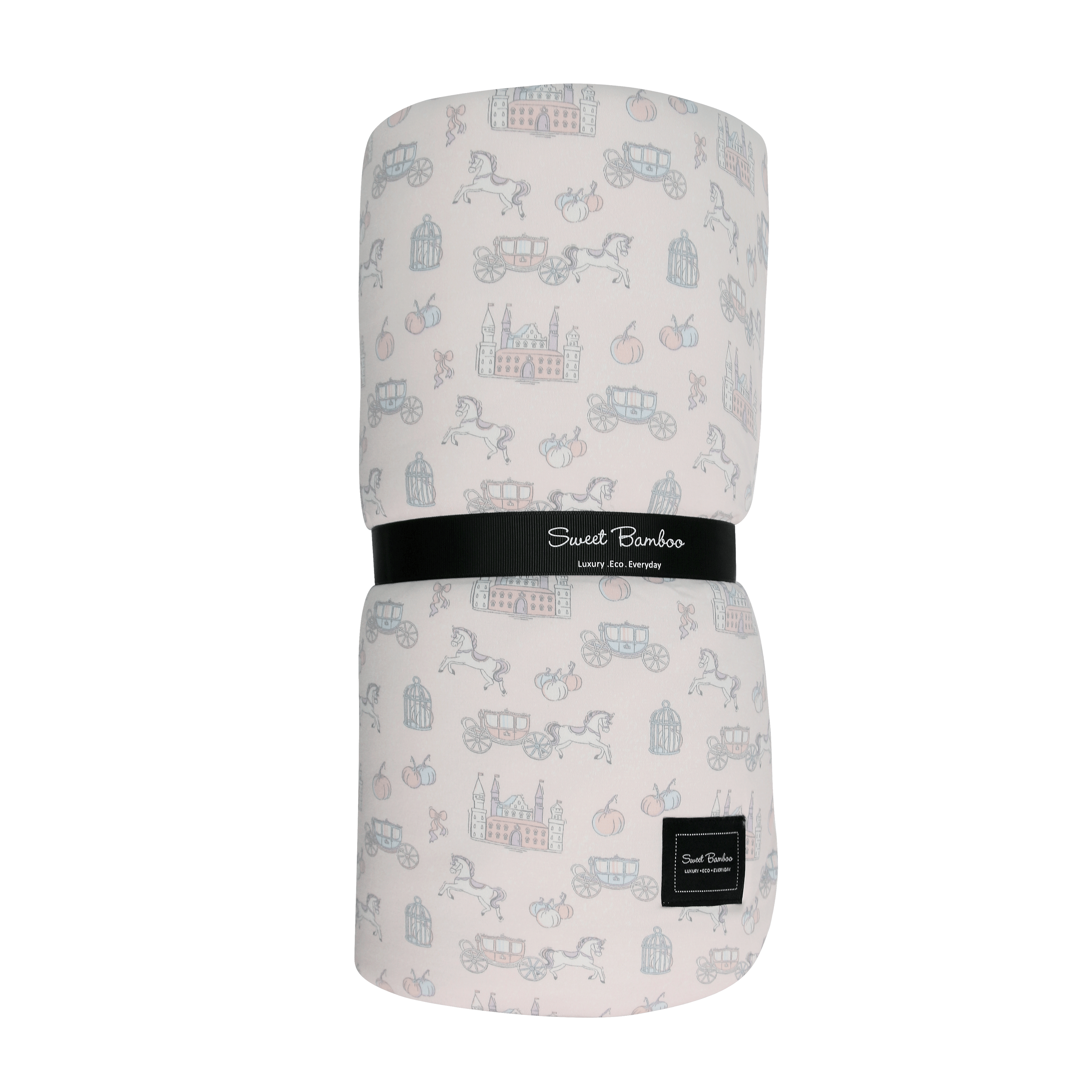 Kids cloud blanket with whimsical toy-city pattern, rolled with brand tag