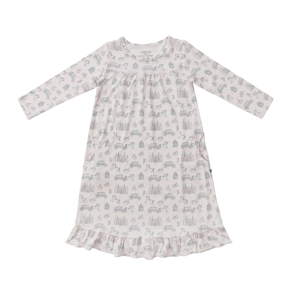 Girls long-sleeve printed dress with gathered waist and ruffled hem, light tone