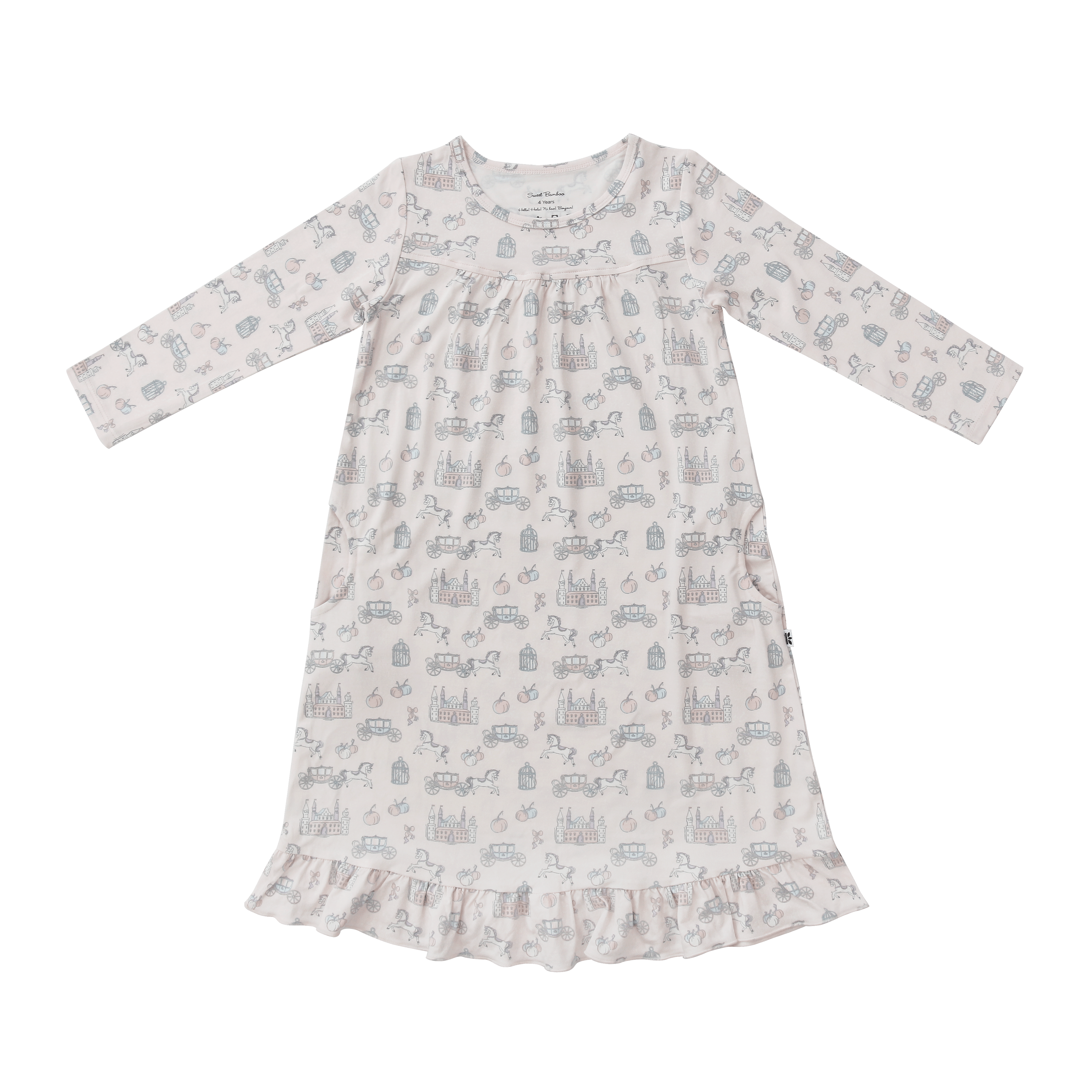 Girls long-sleeve printed dress with gathered waist and ruffled hem, light tone
