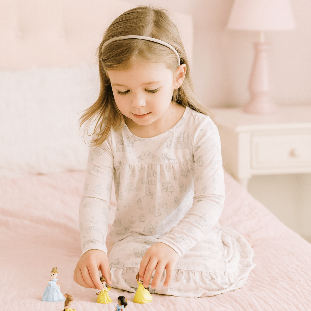 Girls long-sleeve boho dress, light print with gathered bodice and ruffled hem