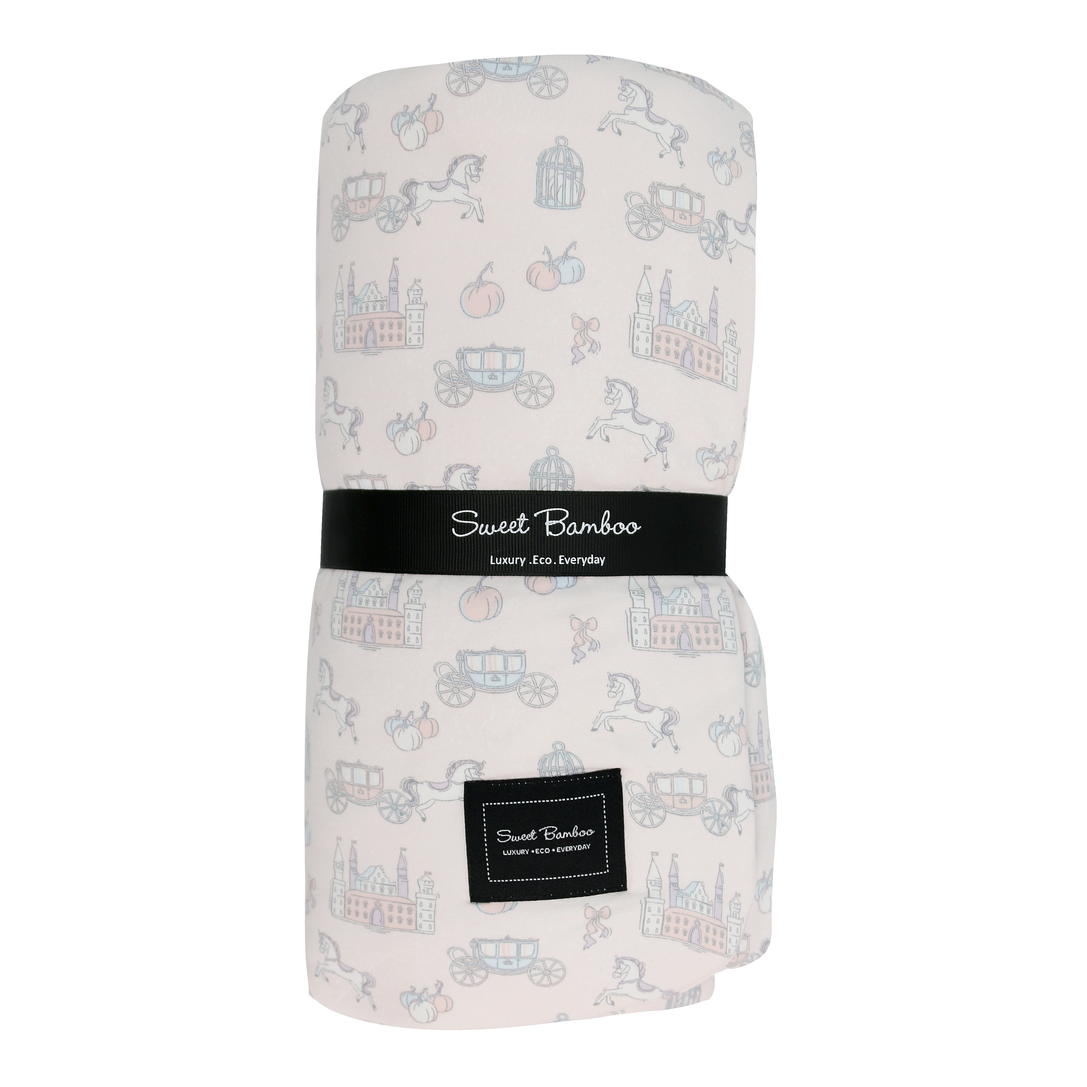 Fairy Godmother cloud blanket, pastel castles and unicorns, Sweet Bamboo tag