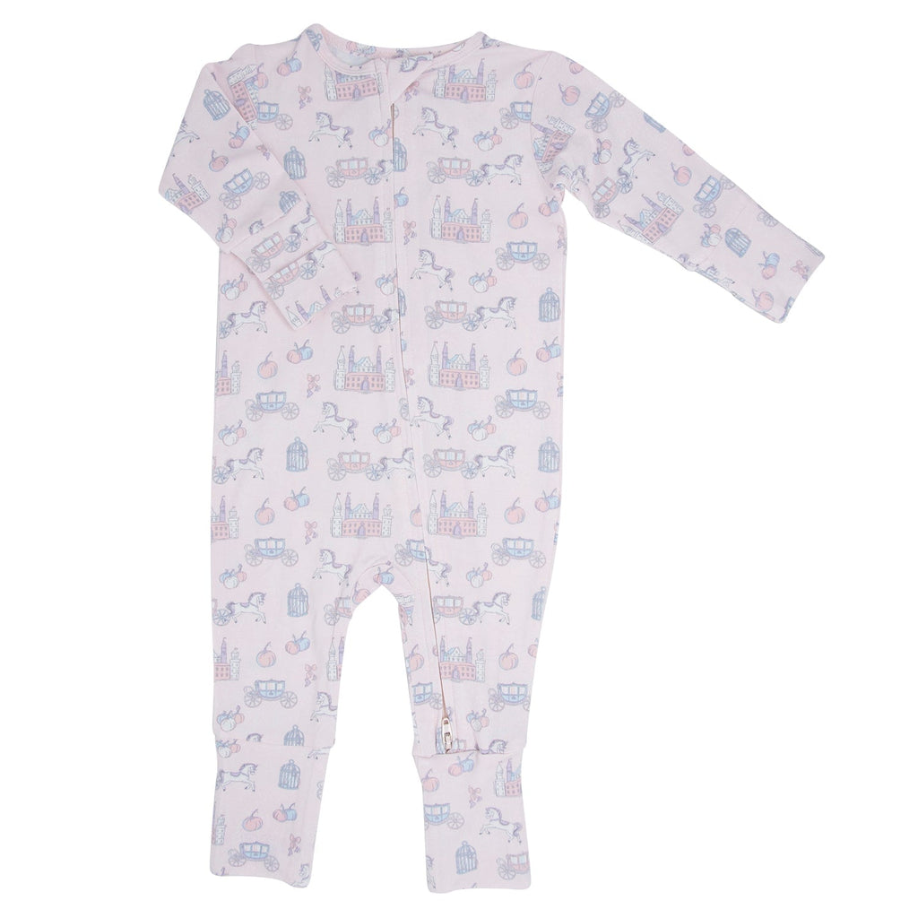 Convertible romper flat lay, light fabric with pastel icon print, long sleeves, footed legs