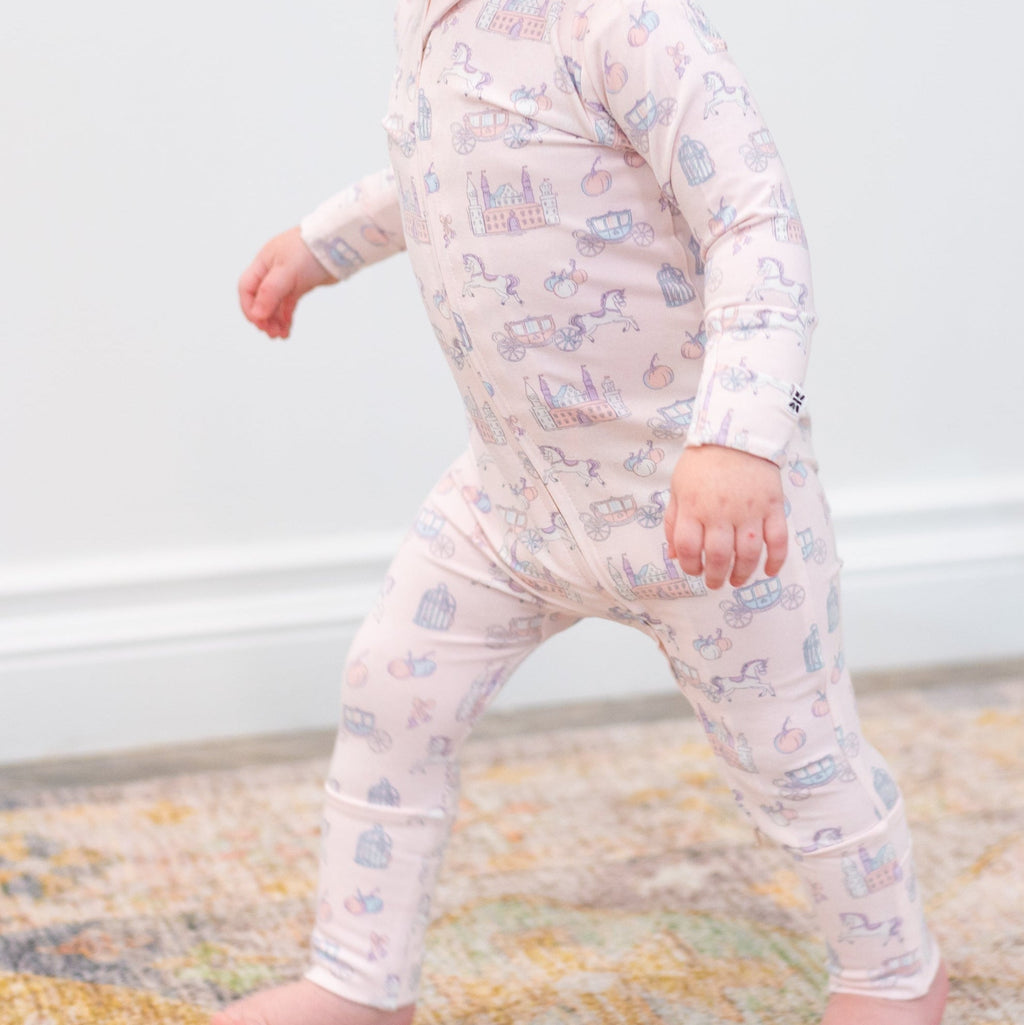 Baby convertible romper, light fabric with pastel icon print, long sleeves, footed legs
