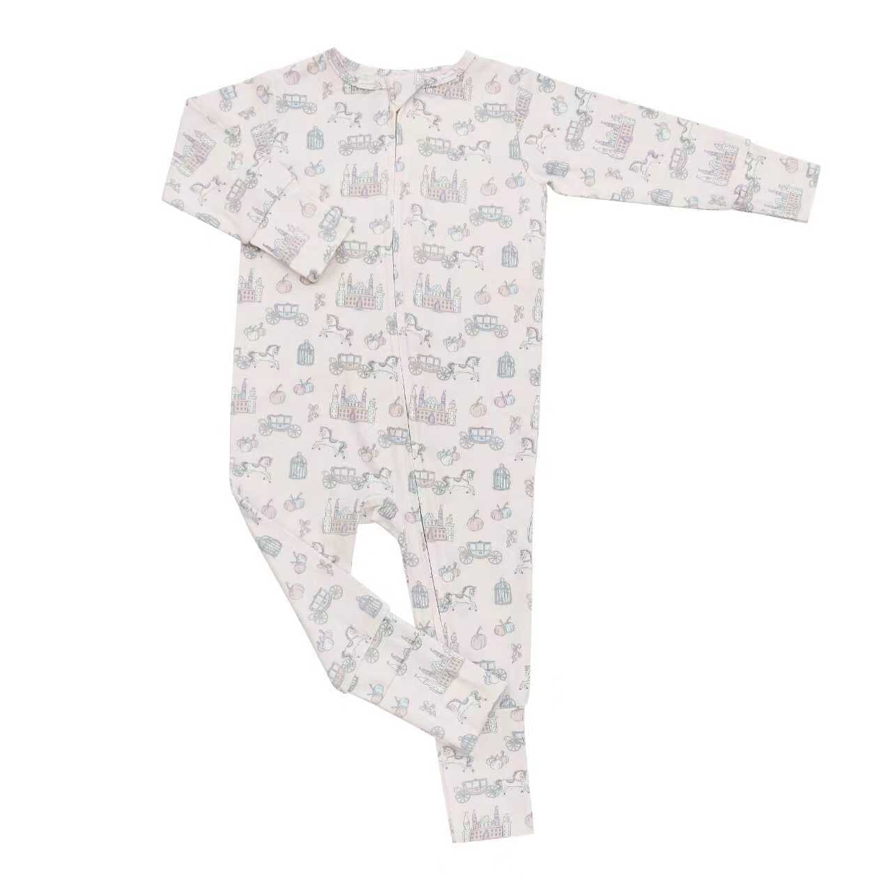 Convertible romper flat lay, light fabric with pastel pattern, long sleeves, front zipper