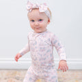 Baby convertible romper, light fabric with pastel icon print, long sleeves, front zipper