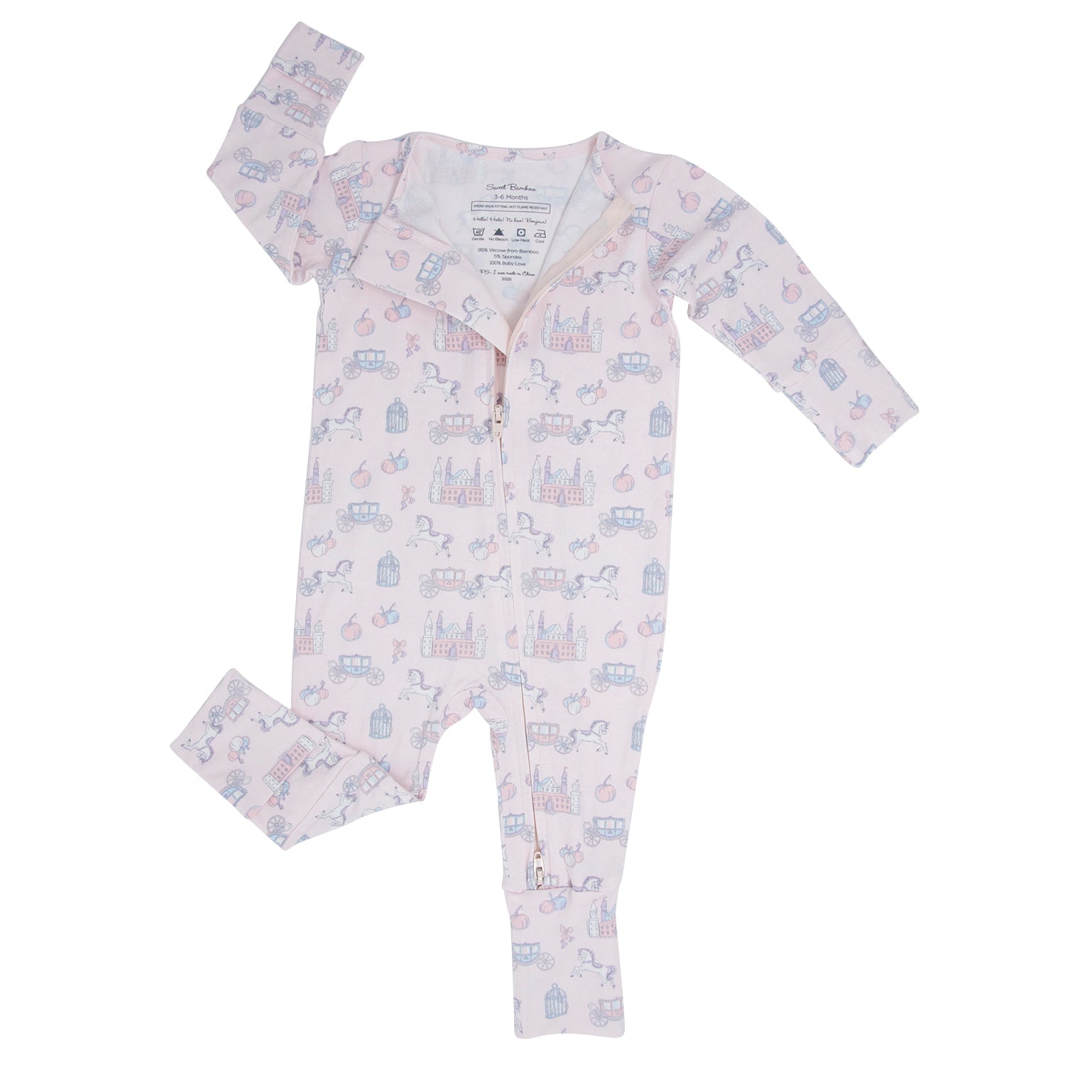 Convertible romper flat lay, light fabric with pastel icons, long sleeves, front zipper