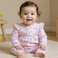 Pink printed flutter-sleeve romper for girls, long sleeves, gathered waist