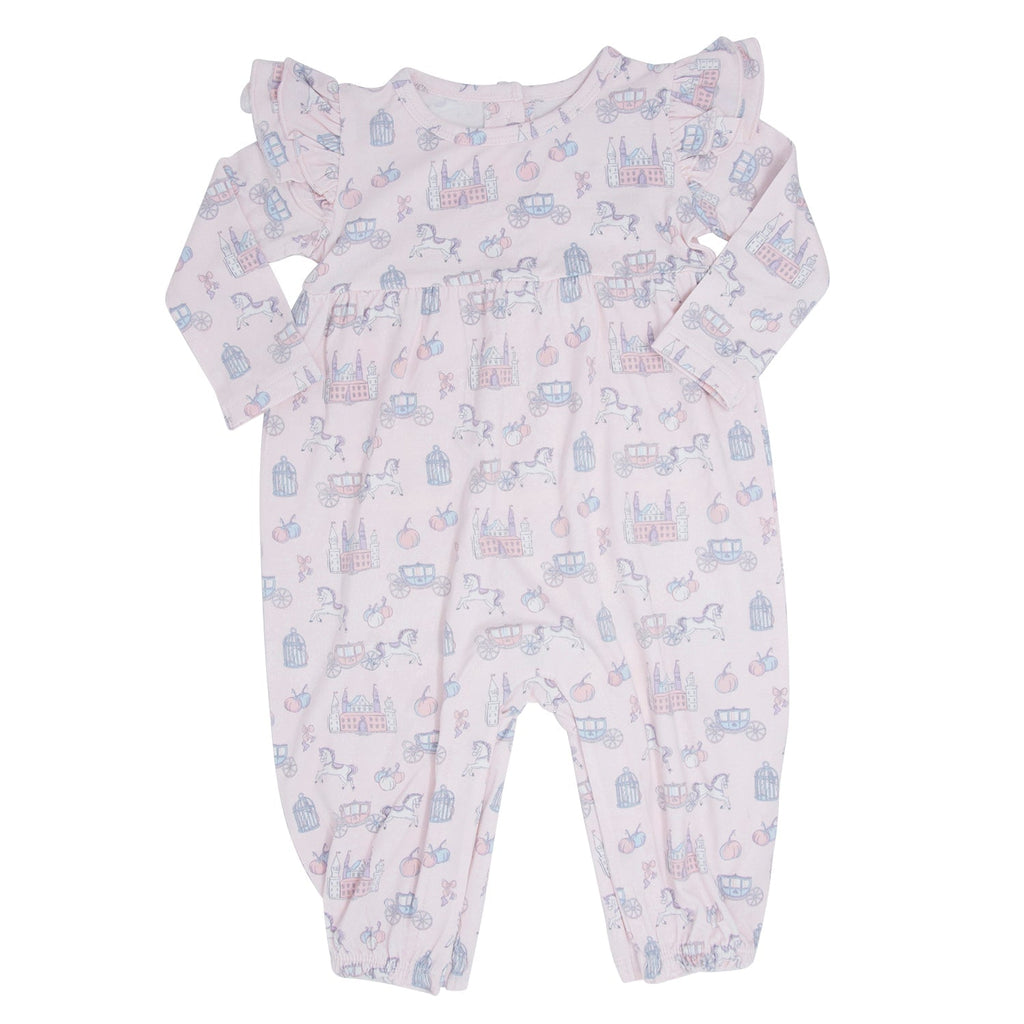 Pink character-printed flutter-sleeve romper with long sleeves and cuffed legs