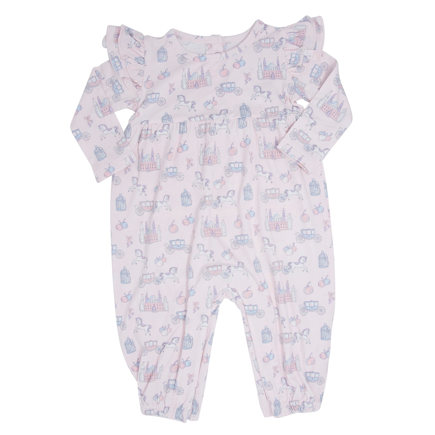 Pink character-printed flutter-sleeve romper with long sleeves and cuffed legs