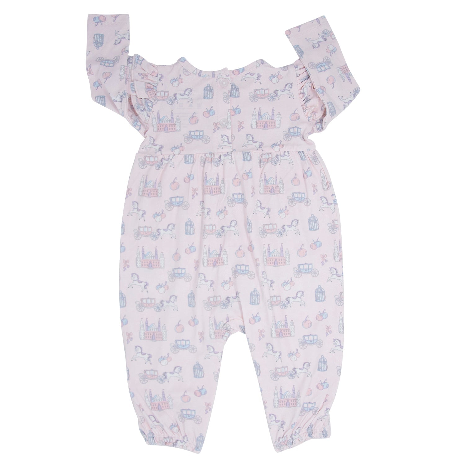 Pink character-printed flutter-sleeve romper, back view with elastic waistband