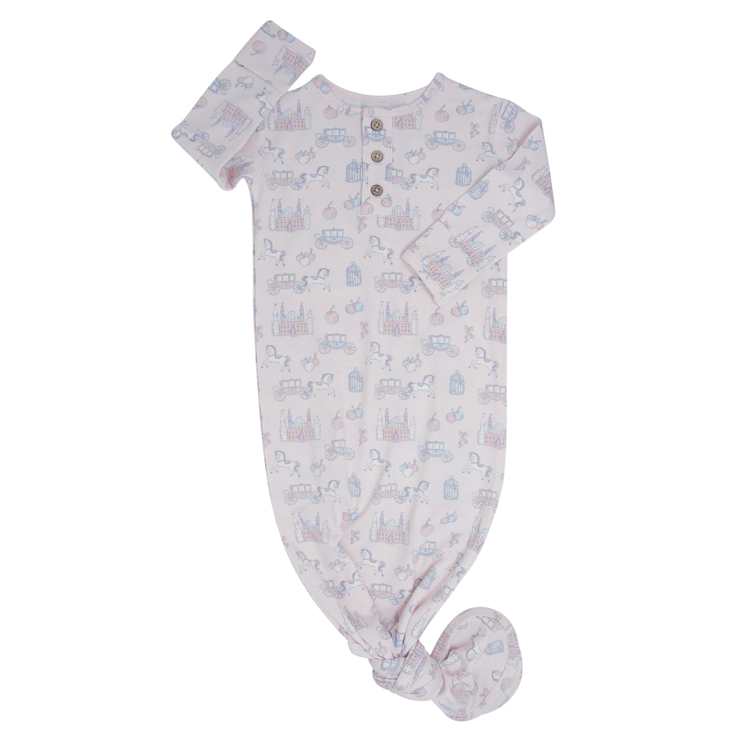 Knotted baby gown onesie, short sleeves, all-over cartoon print, button placket, footed