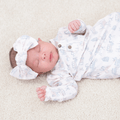 Knotted baby gown with all-over cartoon print, button-front, long sleeves