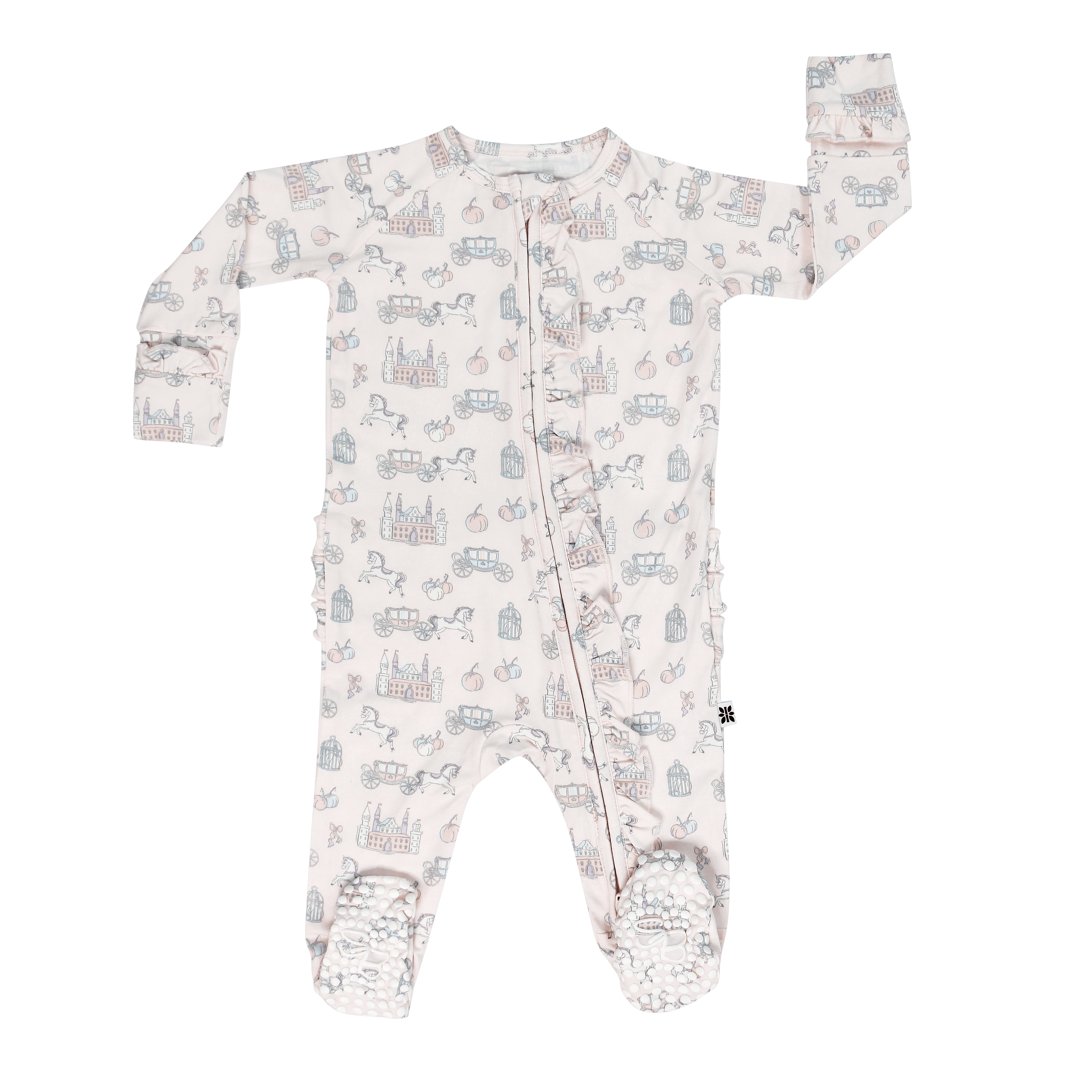 Ruffle footie baby pajamas, light patterned one-piece with front zipper and enclosed feet.