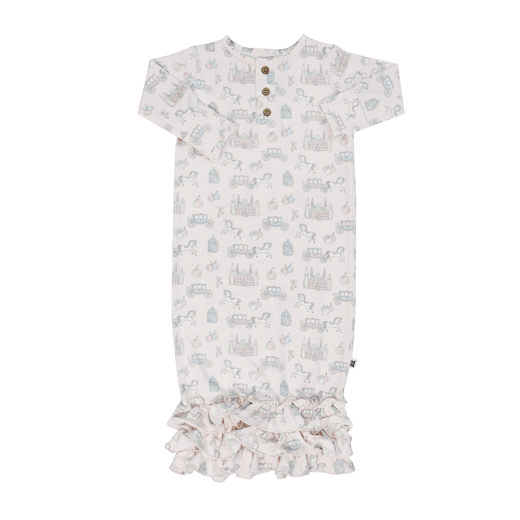 Girls ruffle gown with short sleeves, button front, and layered ruffle hem