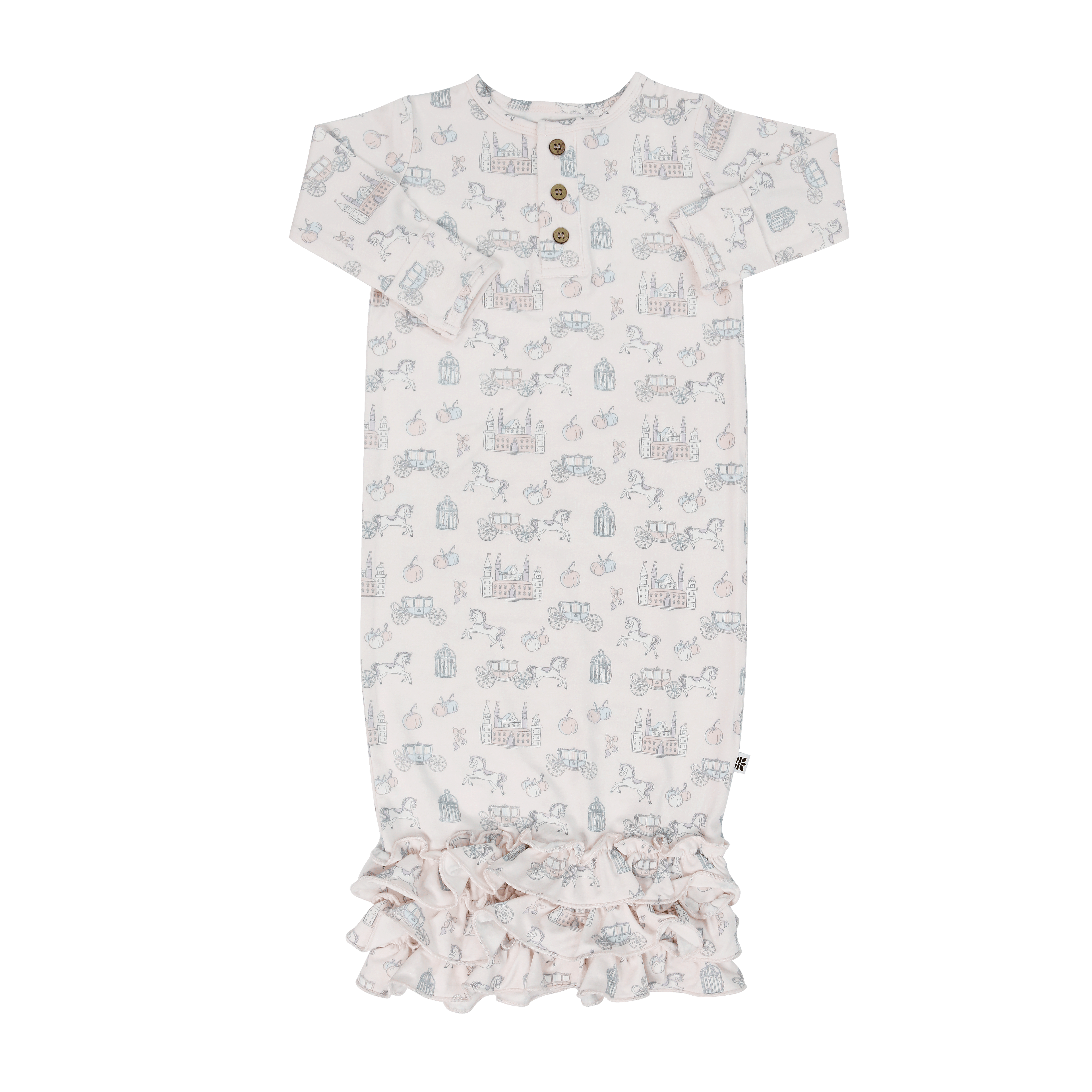 Girls ruffle gown with short sleeves, button front, and layered ruffle hem