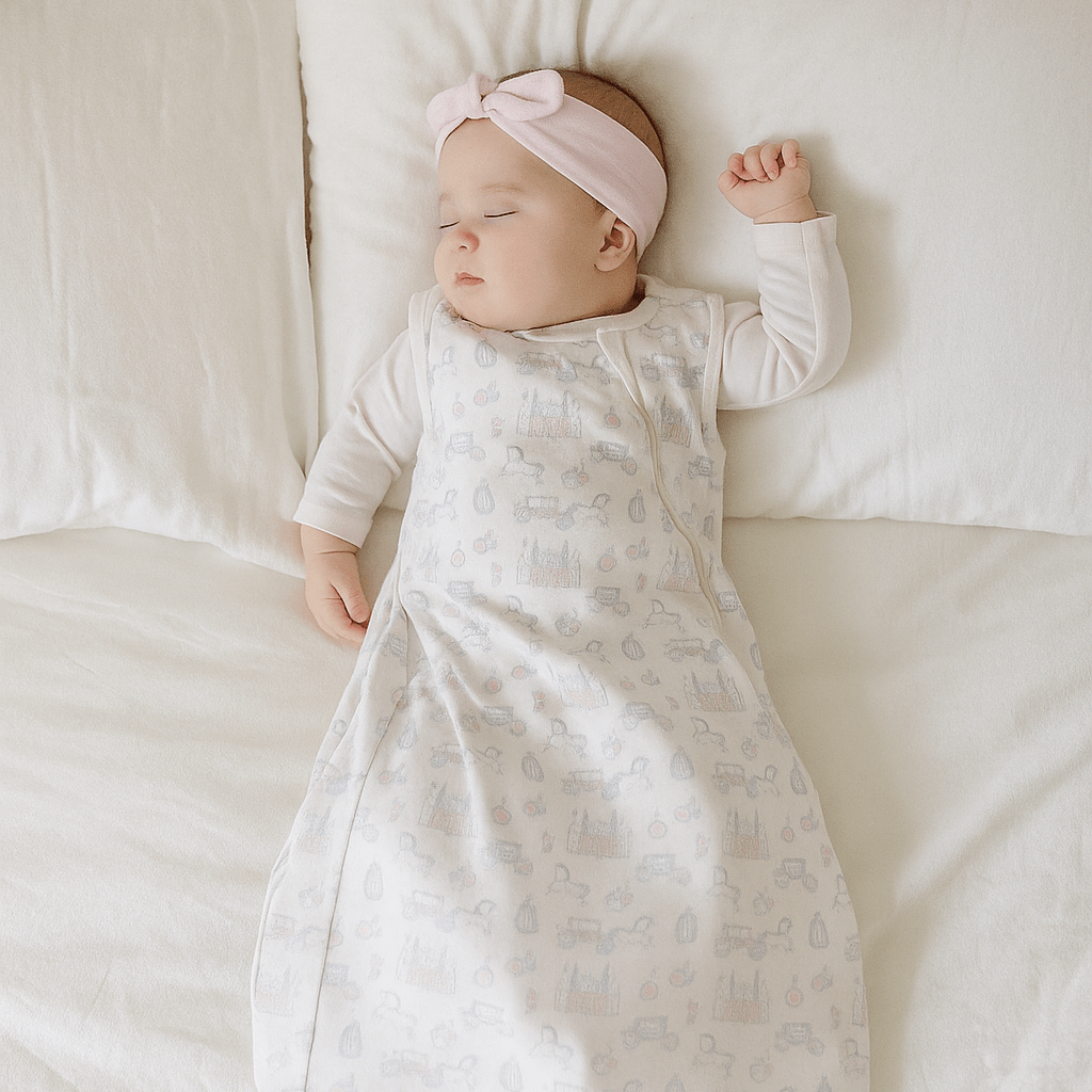 Baby girl sleep sack in light pastel with playful castle and vehicle pattern