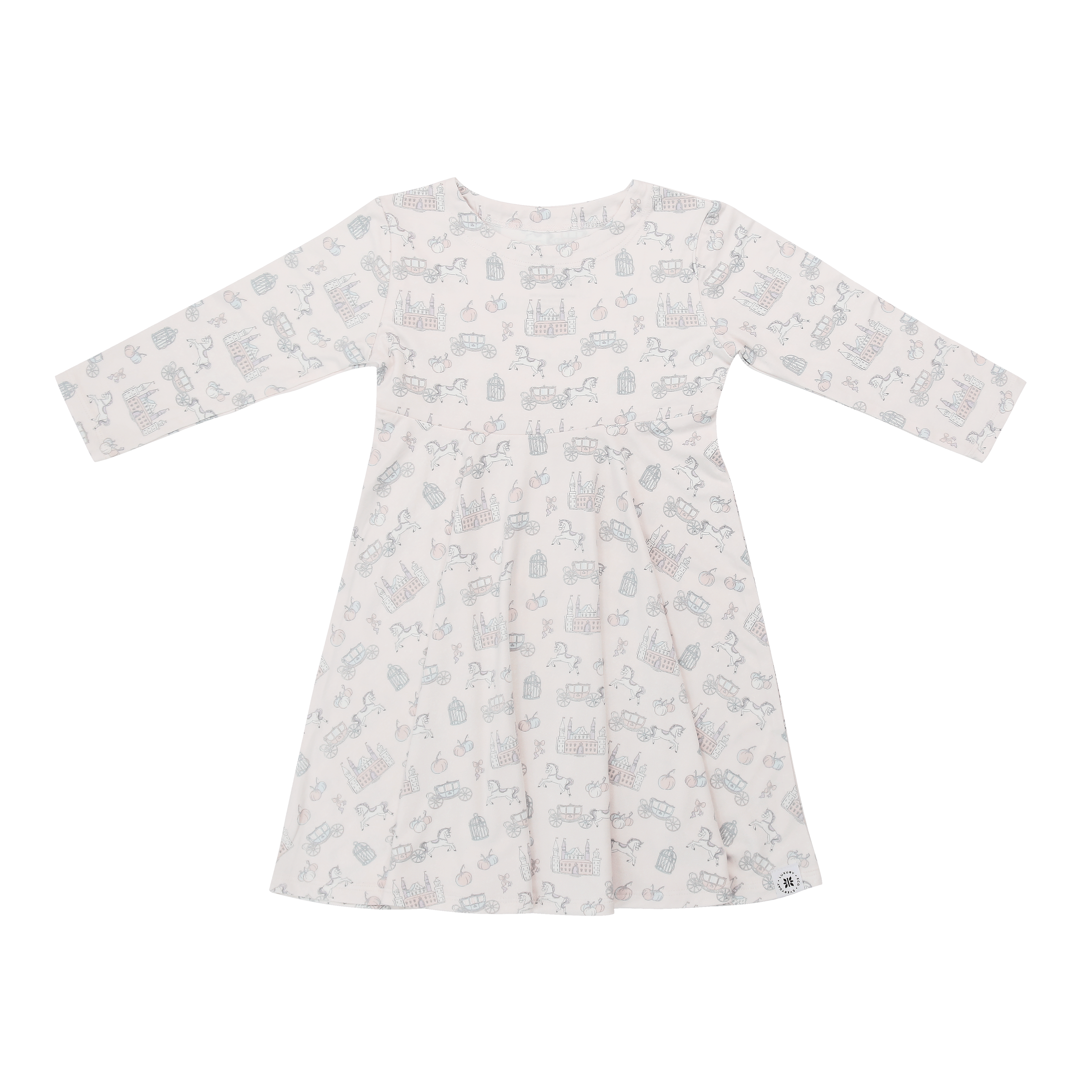 Girls Fairy Godmother swirly girl dress, long sleeves, light with gray fairy print