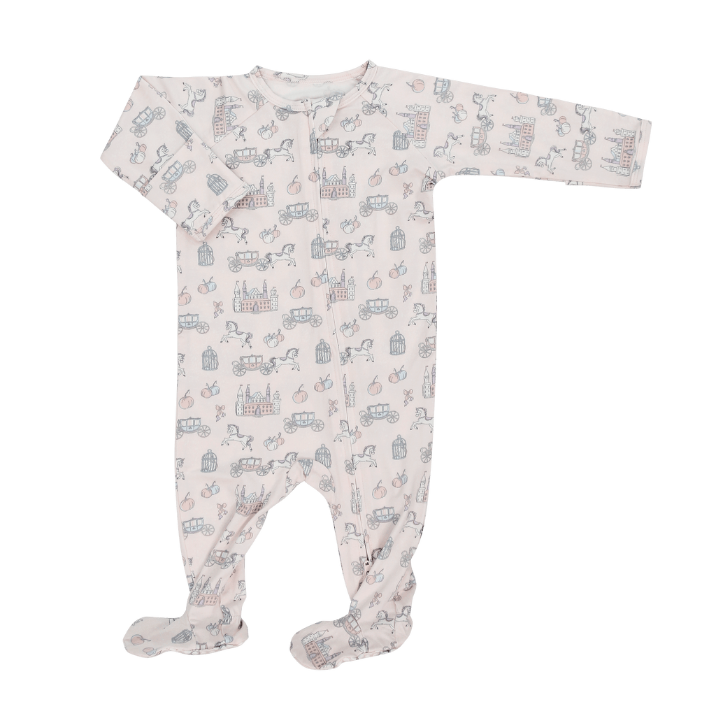 Light pastel printed zip-up baby footie with long sleeves and footed legs