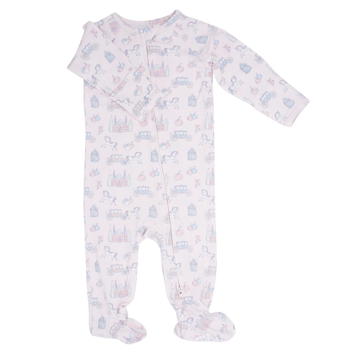 Light pastel printed zip-up baby footie with long sleeves, footed cuffs