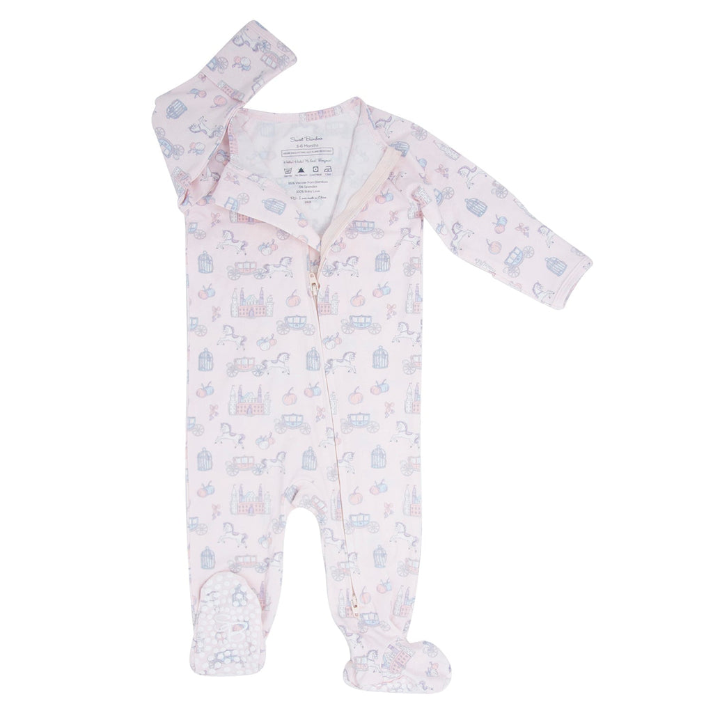 Light pastel printed zip-up baby footie with front zipper and long sleeves