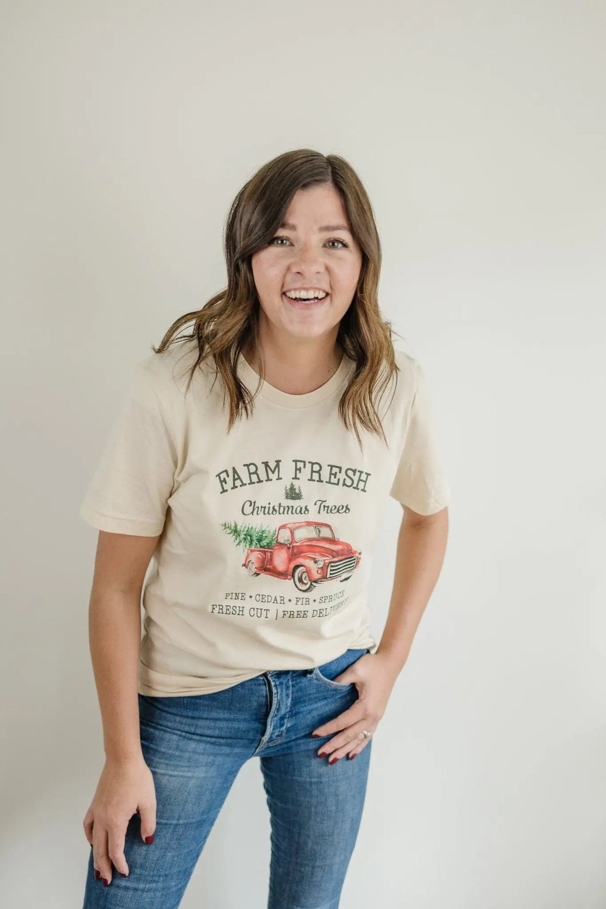 Cream T-shirt with Farm Fresh Christmas Trees graphic and red pickup truck print