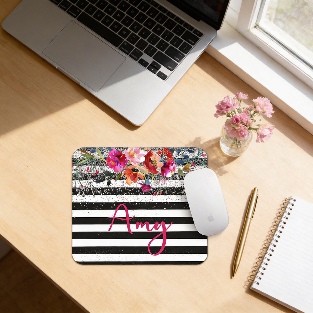 Top view floral striped mouse pad with pink “Amy” script and black-and-white bands