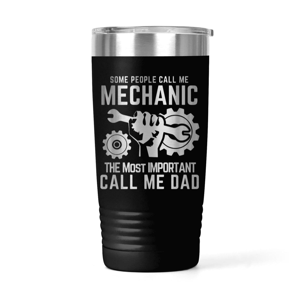 Black 20 oz stainless steel tumbler with engraved mechanic graphic and lid