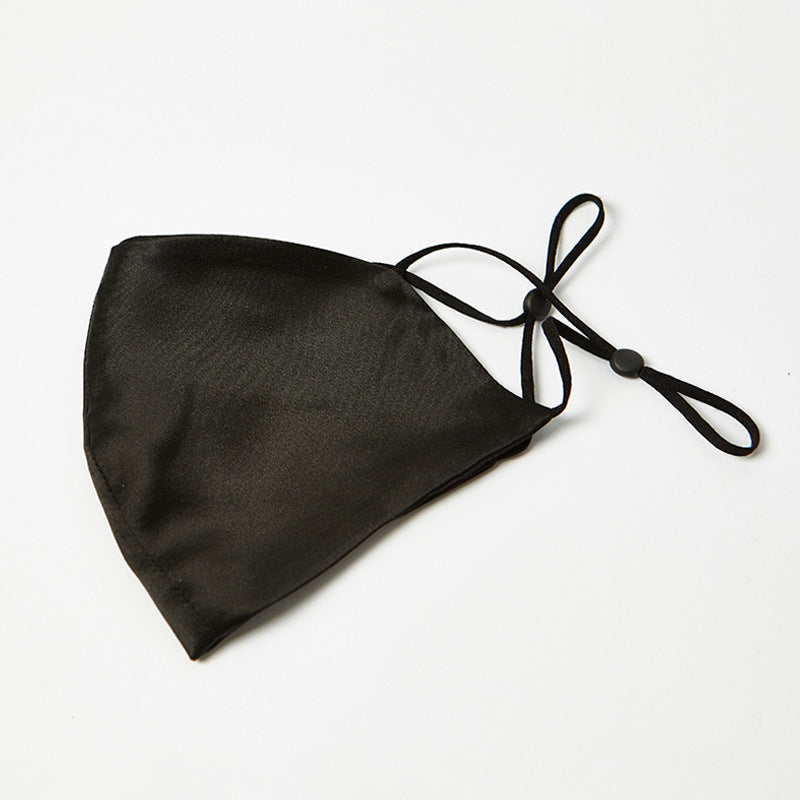Black silk face mask with pleated front and black drawstring ties