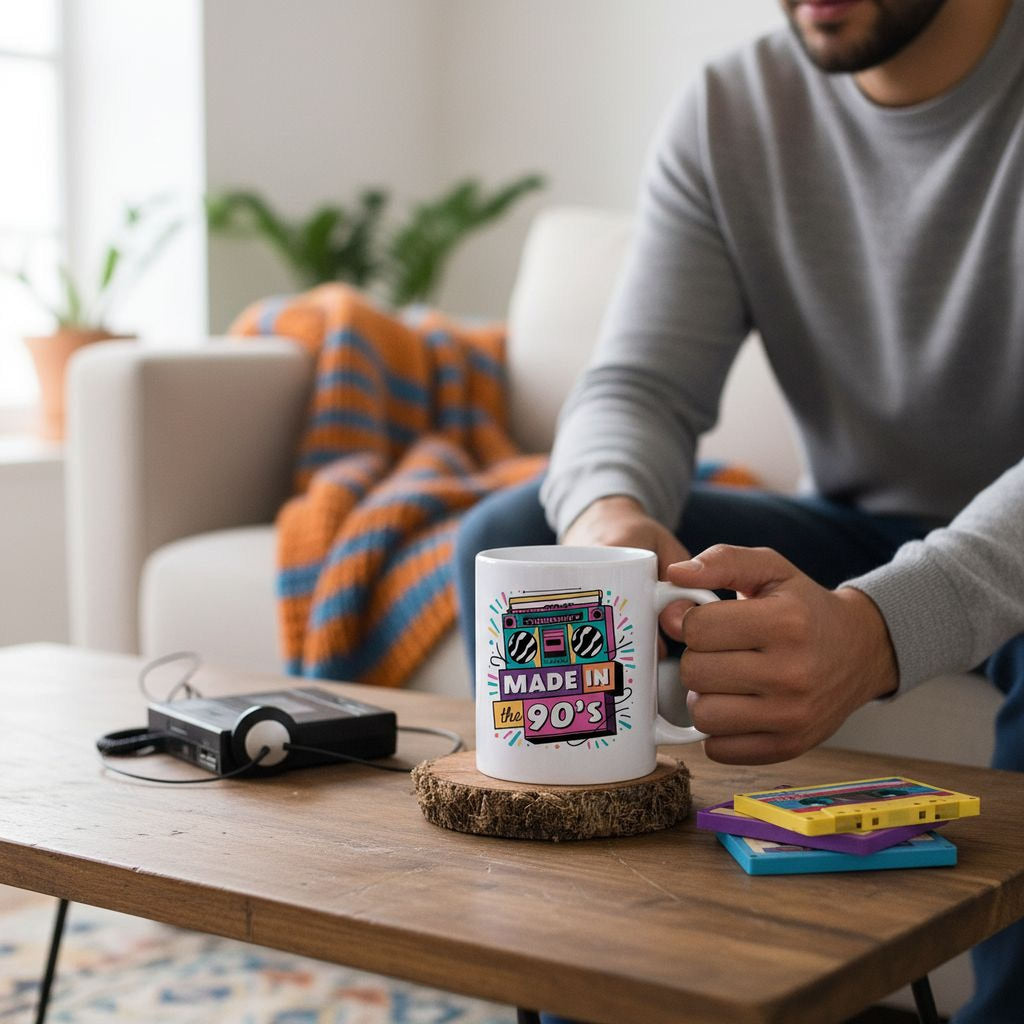 White ceramic mug being held, front shows “Made in the 90’s” retro boombox design