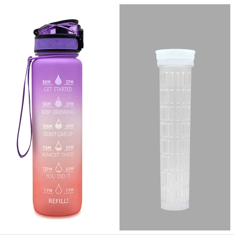 1L purple-to-orange gradient Tritan water bottle with time marker, bounce cover lid and strap
