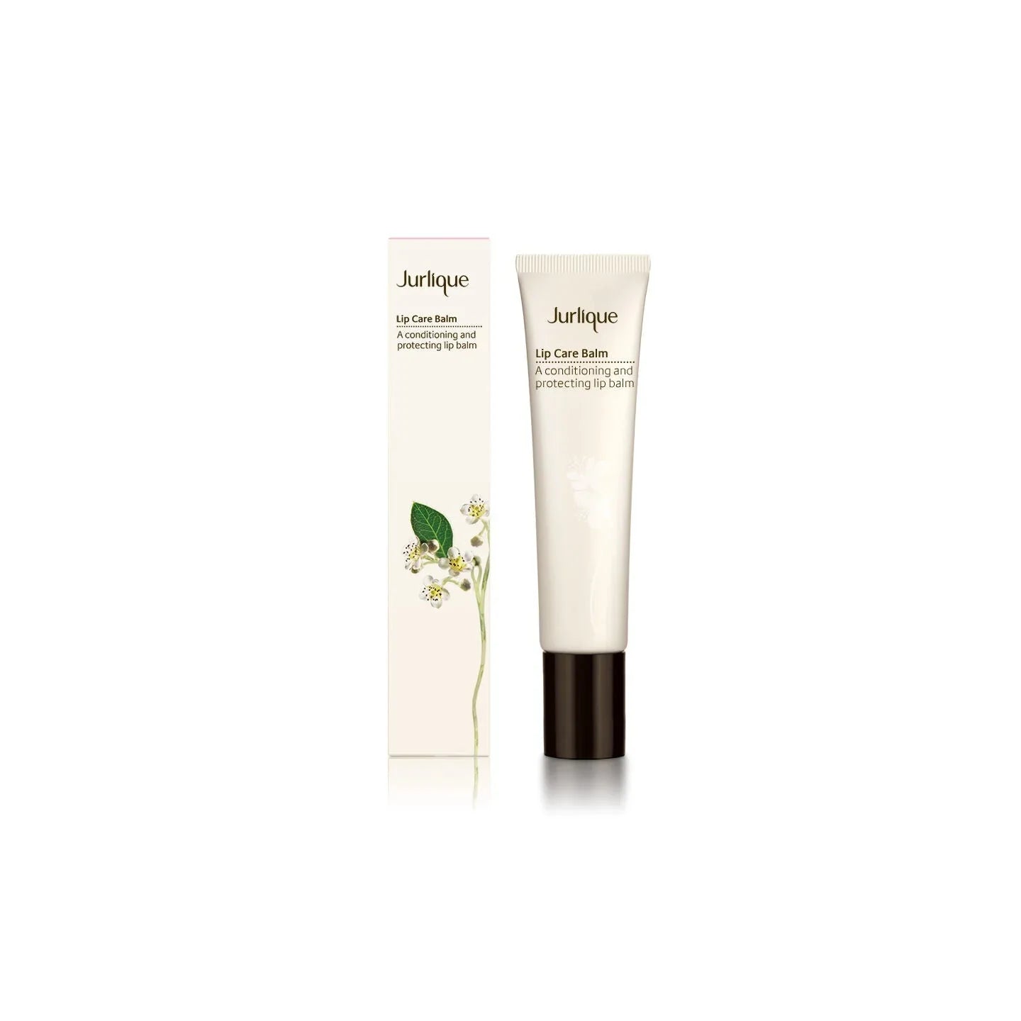 Lip care balm tube with outer carton, beige cap, cream tube body